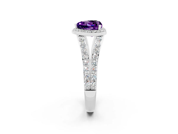 Platinum Heart Cut Amethyst Split Shank Halo Ring with Four-Prong Setting