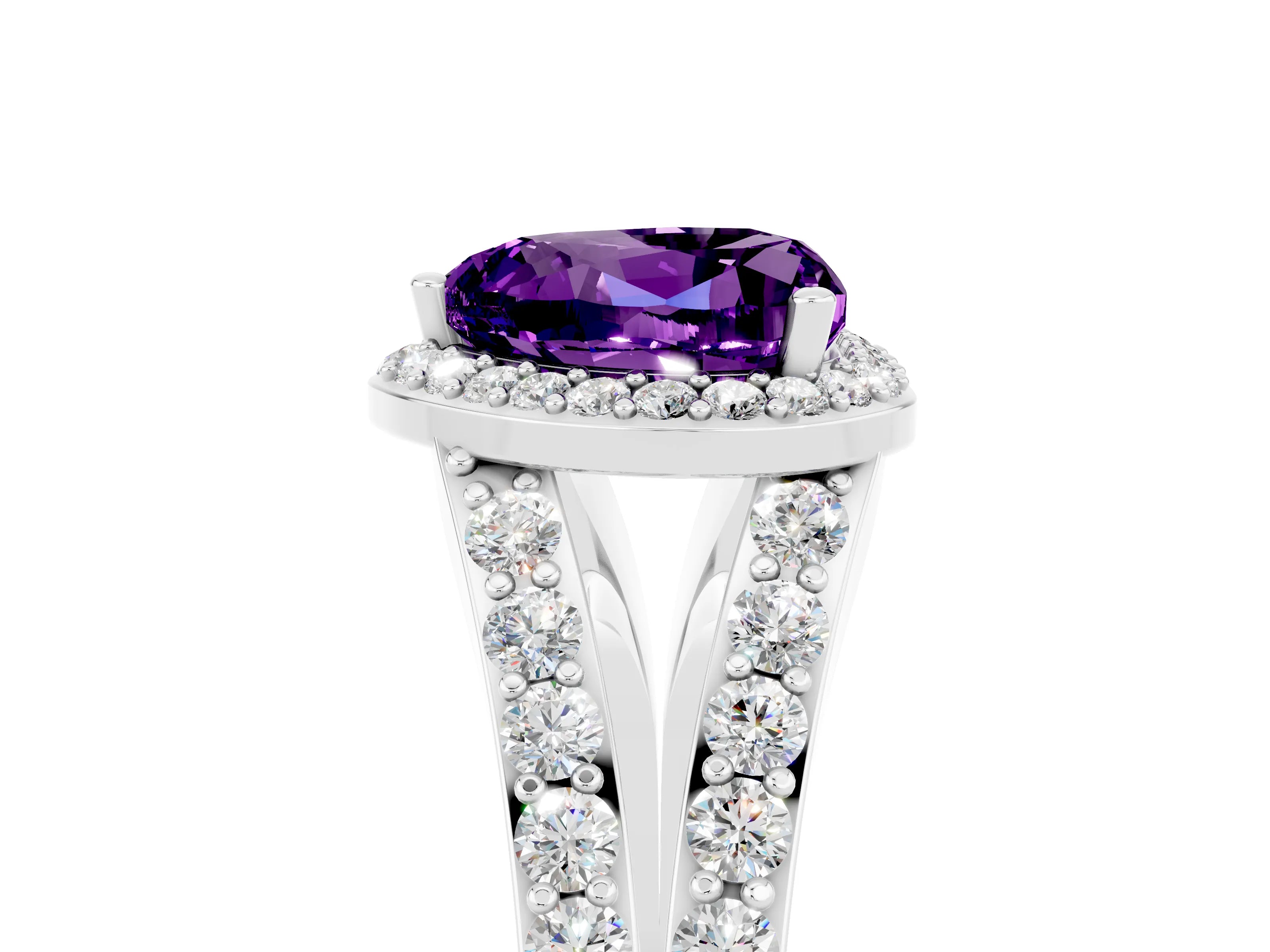 White gold Heart Cut Amethyst Split Shank Halo Ring with Four-Prong Setting_65
