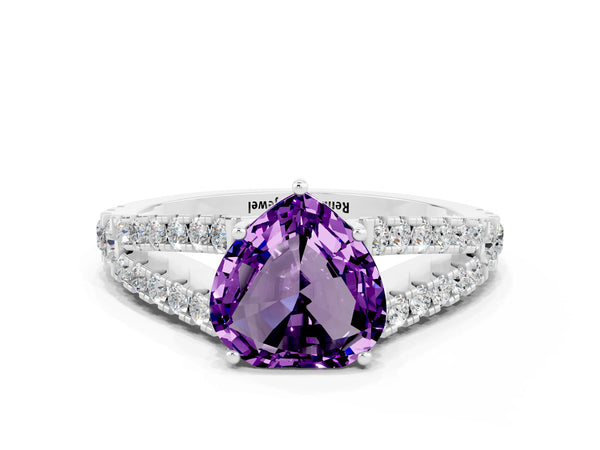 Platinum Heart Cut Amethyst Split Shank Pavé Engagement Ring with Four-Prong Setting