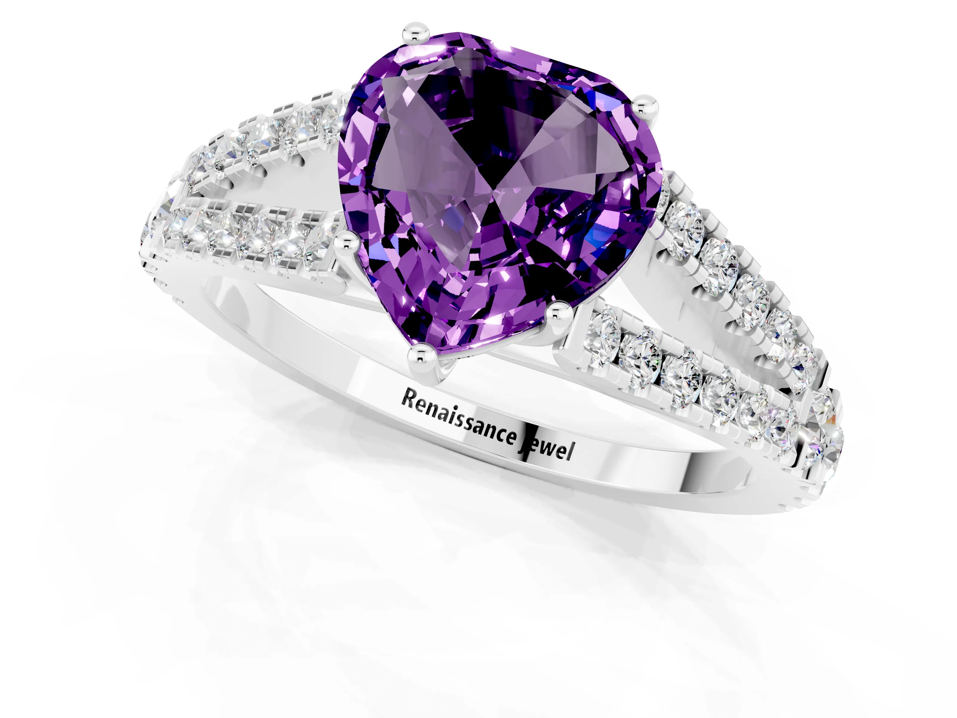 White gold Heart Cut Amethyst Split Shank Pavé Engagement Ring with Four-Prong Setting_13