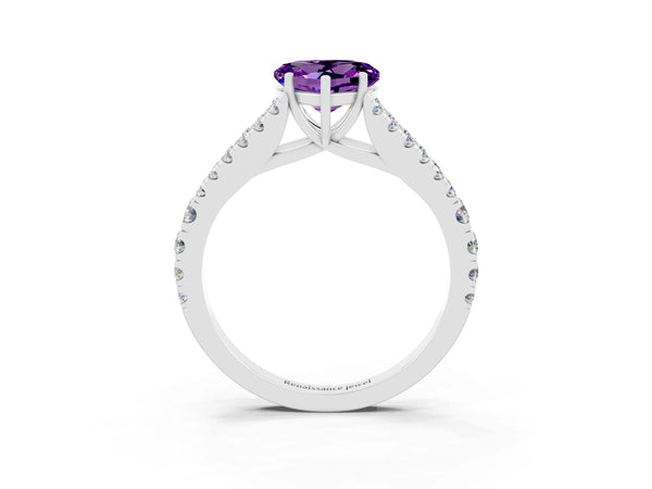 Platinum Heart Cut Amethyst Split Shank Pavé Engagement Ring with Four-Prong Setting