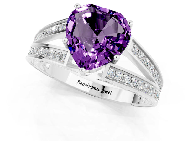 White gold Heart Cut Amethyst Split Shank Ring with Pavé Band and Four-Prong Setting