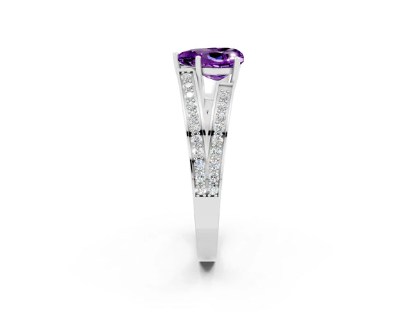 Platinum Heart Cut Amethyst Split Shank Ring with Pavé Band and Four-Prong Setting