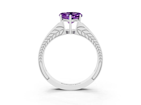 Platinum Heart Cut Amethyst Split Shank Ring with Pavé Band and Four-Prong Setting