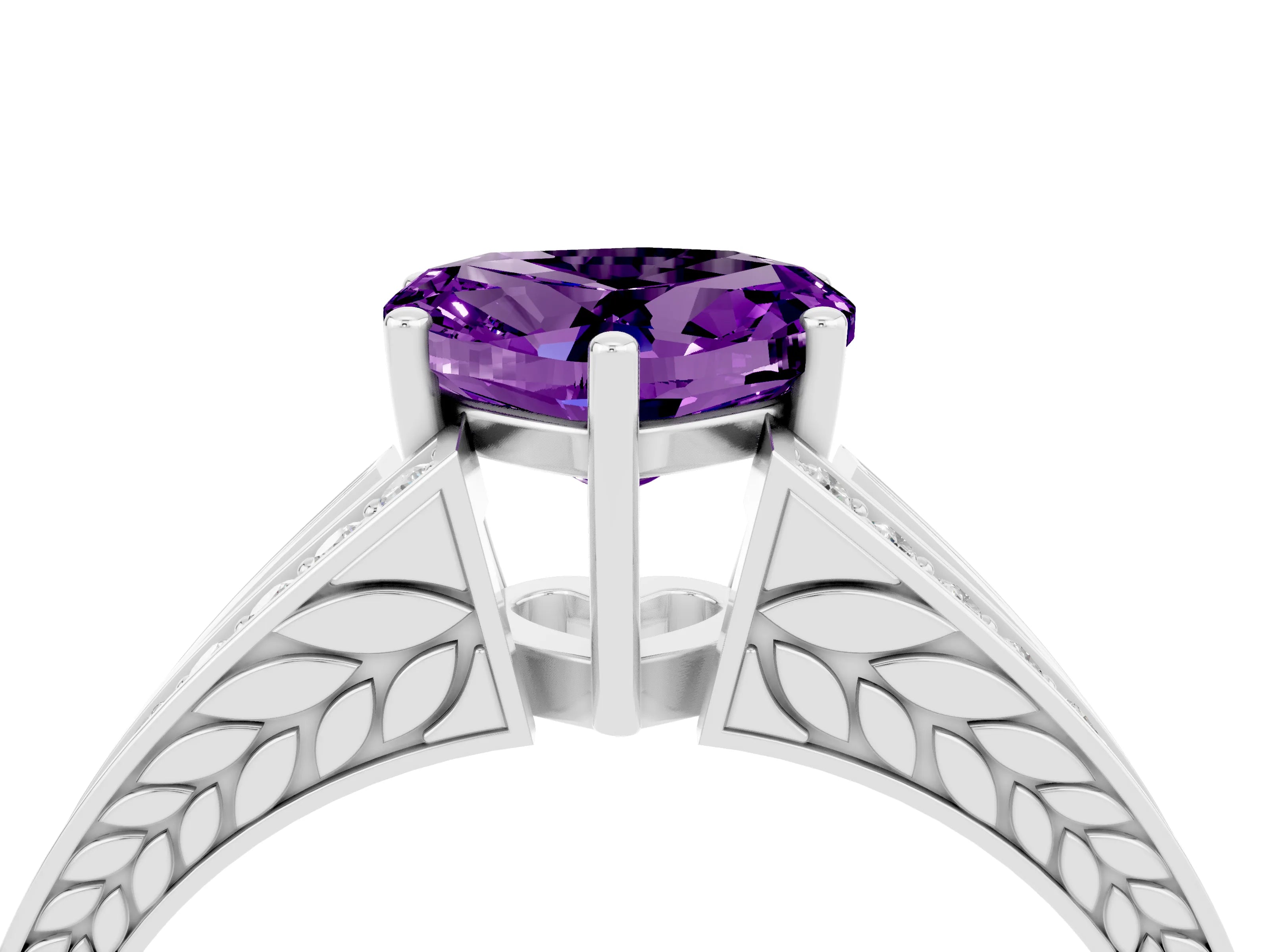 White gold Heart Cut Amethyst Split Shank Ring with Pavé Band and Four-Prong Setting_4
