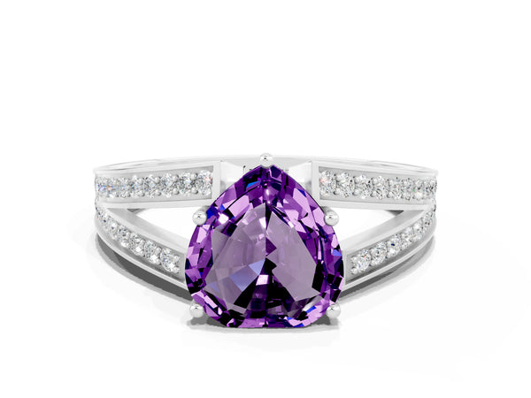 White gold Heart Cut Amethyst Split Shank Ring with Pavé Band and Four-Prong Setting