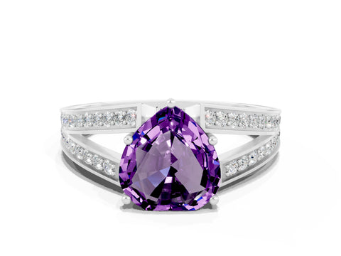White gold Heart Cut Amethyst Split Shank Ring with Pavé Band and Four-Prong Setting