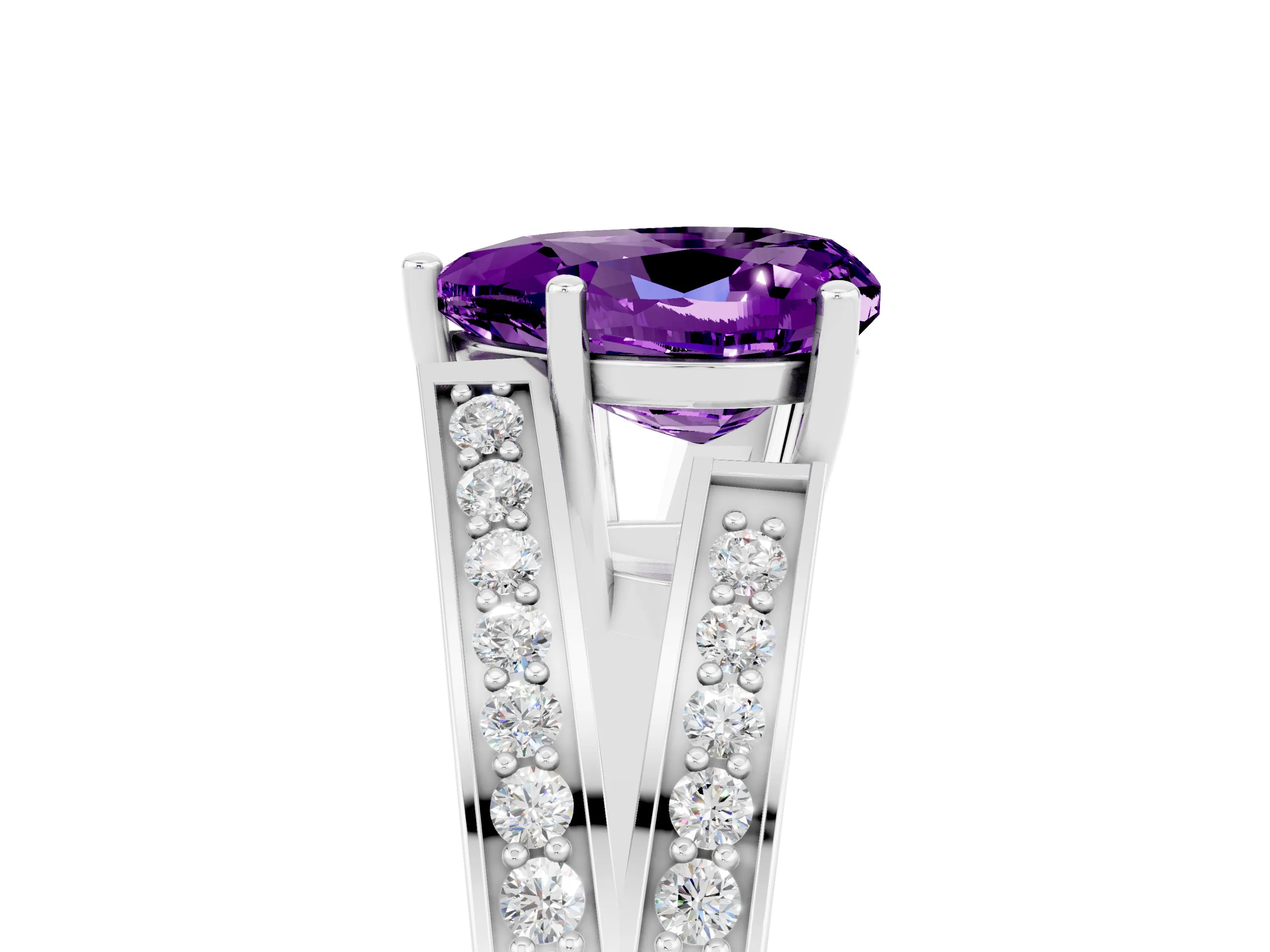 White gold Heart Cut Amethyst Split Shank Ring with Pavé Band and Four-Prong Setting_5