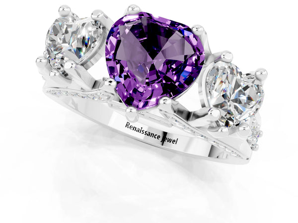 White gold Heart Cut Amethyst Three-Stone Ring with Channel Set Band and Four-Prong Setting