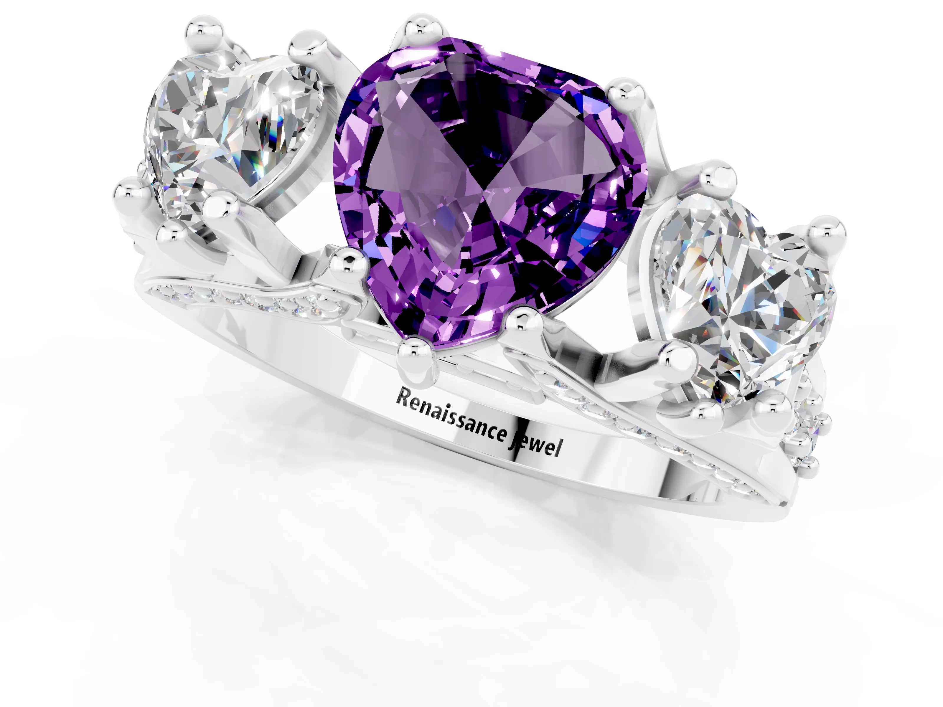 White gold Heart Cut Amethyst Three-Stone Ring with Channel Set Band and Four-Prong Setting_1