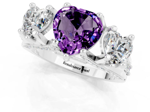 White gold Heart Cut Amethyst Three-Stone Ring with Channel Set Band and Four-Prong Setting_1