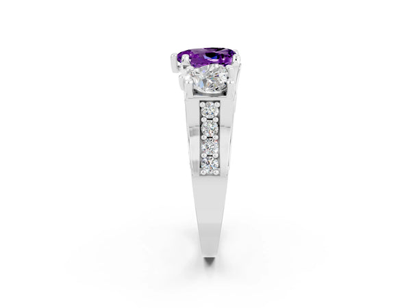 Silver Heart Cut Amethyst Three-Stone Ring with Channel Set Band and Four-Prong Setting