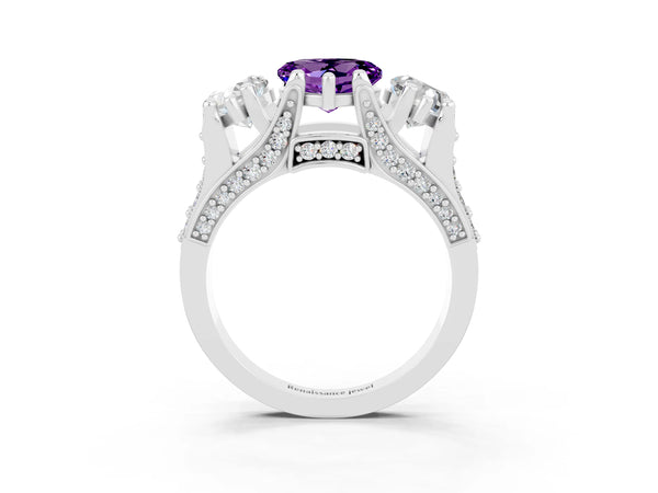 Platinum Heart Cut Amethyst Three-Stone Ring with Channel Set Band and Four-Prong Setting