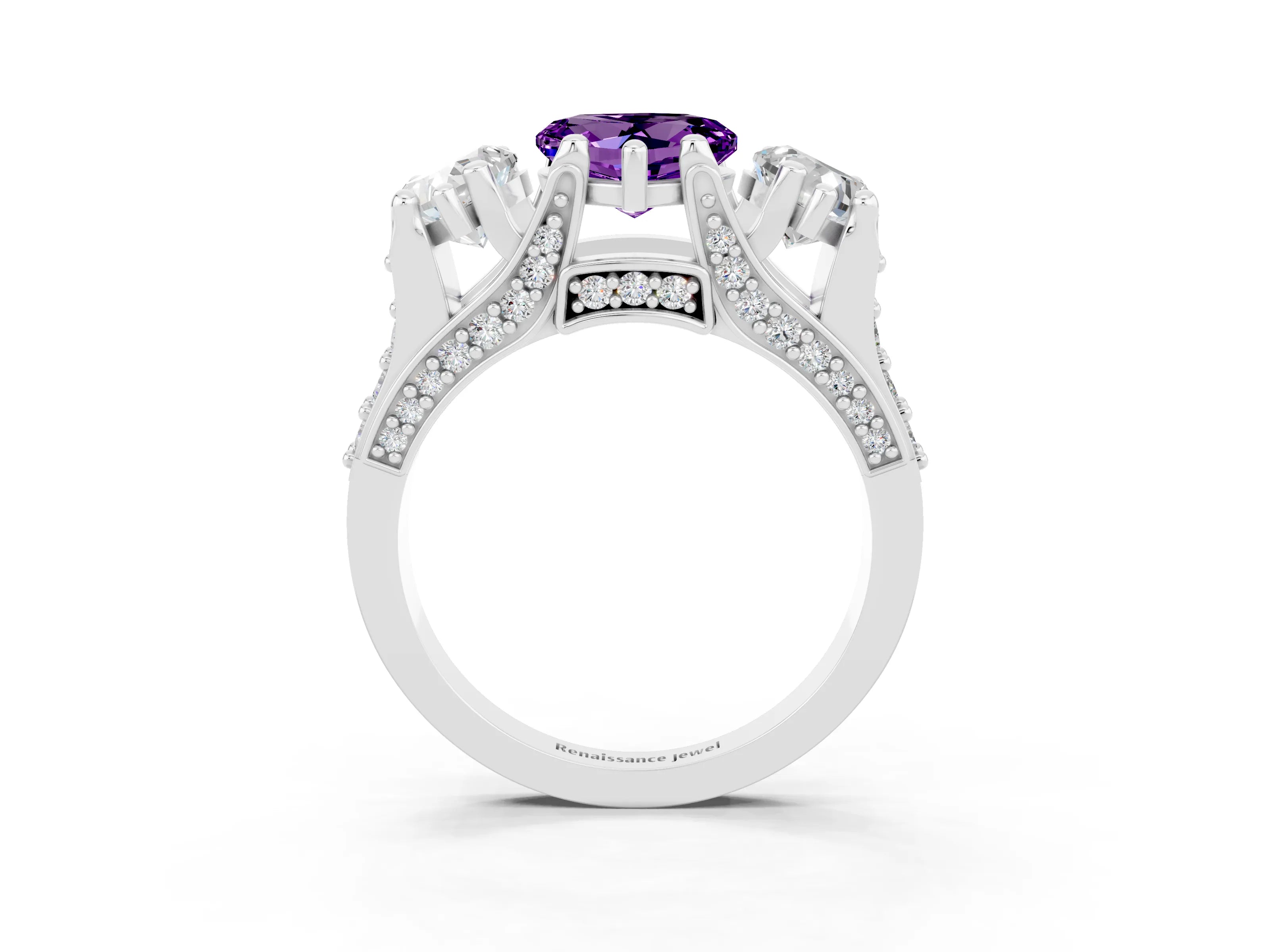 White gold Heart Cut Amethyst Three-Stone Ring with Channel Set Band and Four-Prong Setting_3