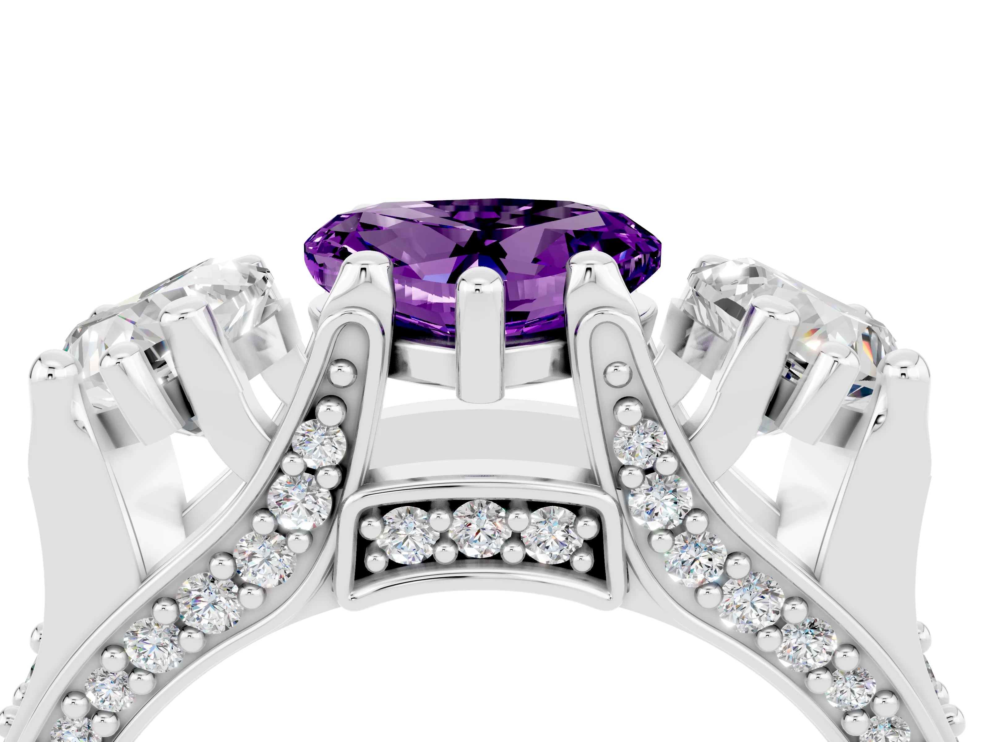 White gold Heart Cut Amethyst Three-Stone Ring with Channel Set Band and Four-Prong Setting_4