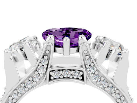White gold Heart Cut Amethyst Three-Stone Ring with Channel Set Band and Four-Prong Setting_4
