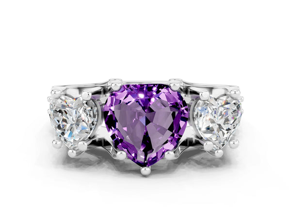 Silver Heart Cut Amethyst Three-Stone Ring with Channel Set Band and Four-Prong Setting