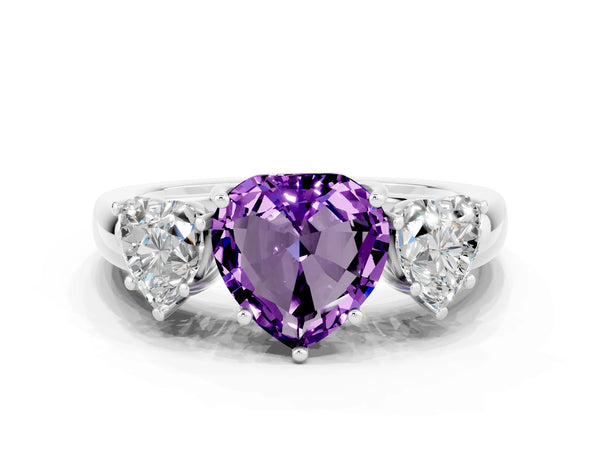 Platinum Heart Cut Amethyst Three-Stone Ring with Four-Prong Setting and Classic Band