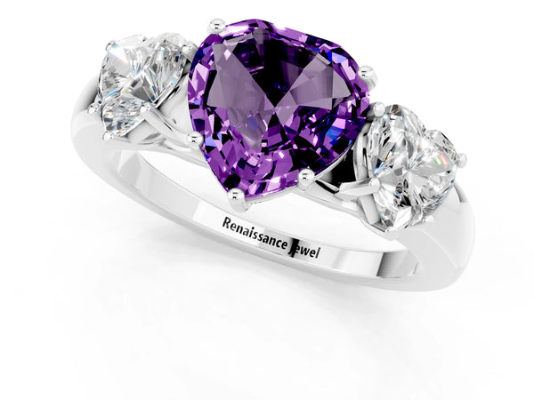 Silver Heart Cut Amethyst Three-Stone Ring with Four-Prong Setting and Classic Band
