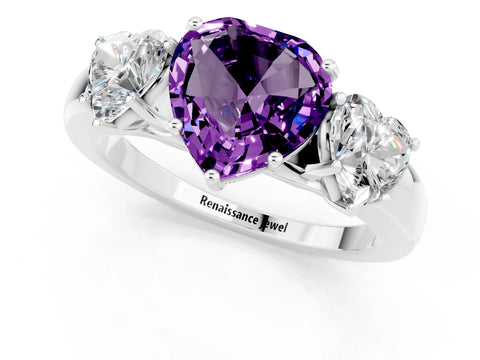 White gold Heart Cut Amethyst Three-Stone Ring with Four-Prong Setting and Classic Band_1