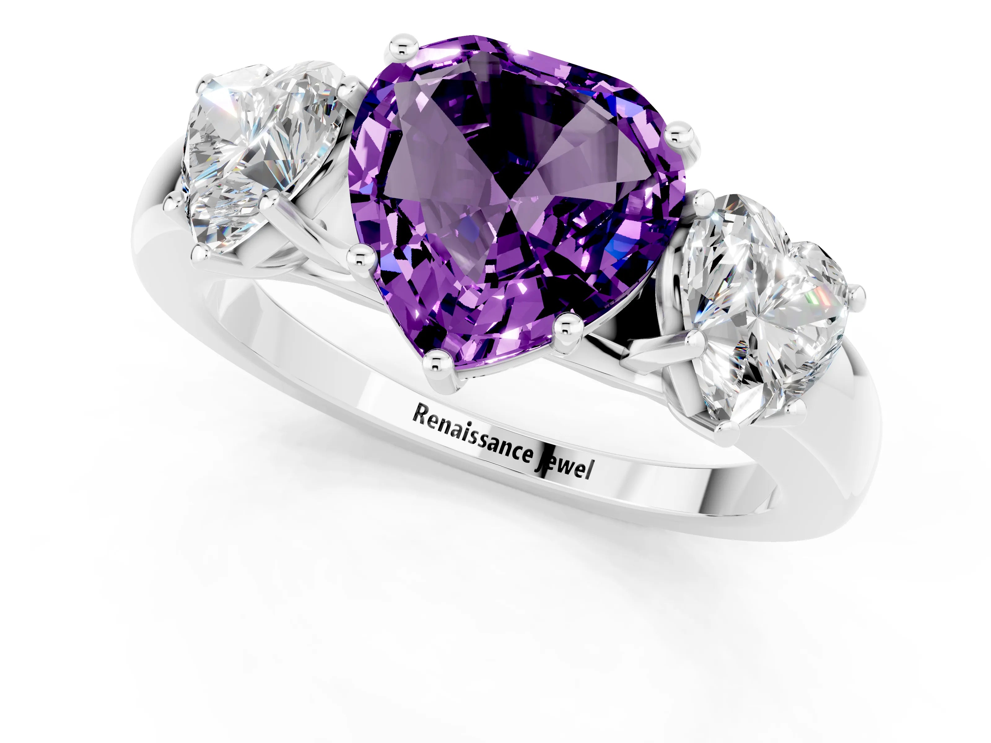 White gold Heart Cut Amethyst Three-Stone Ring with Four-Prong Setting and Classic Band_1