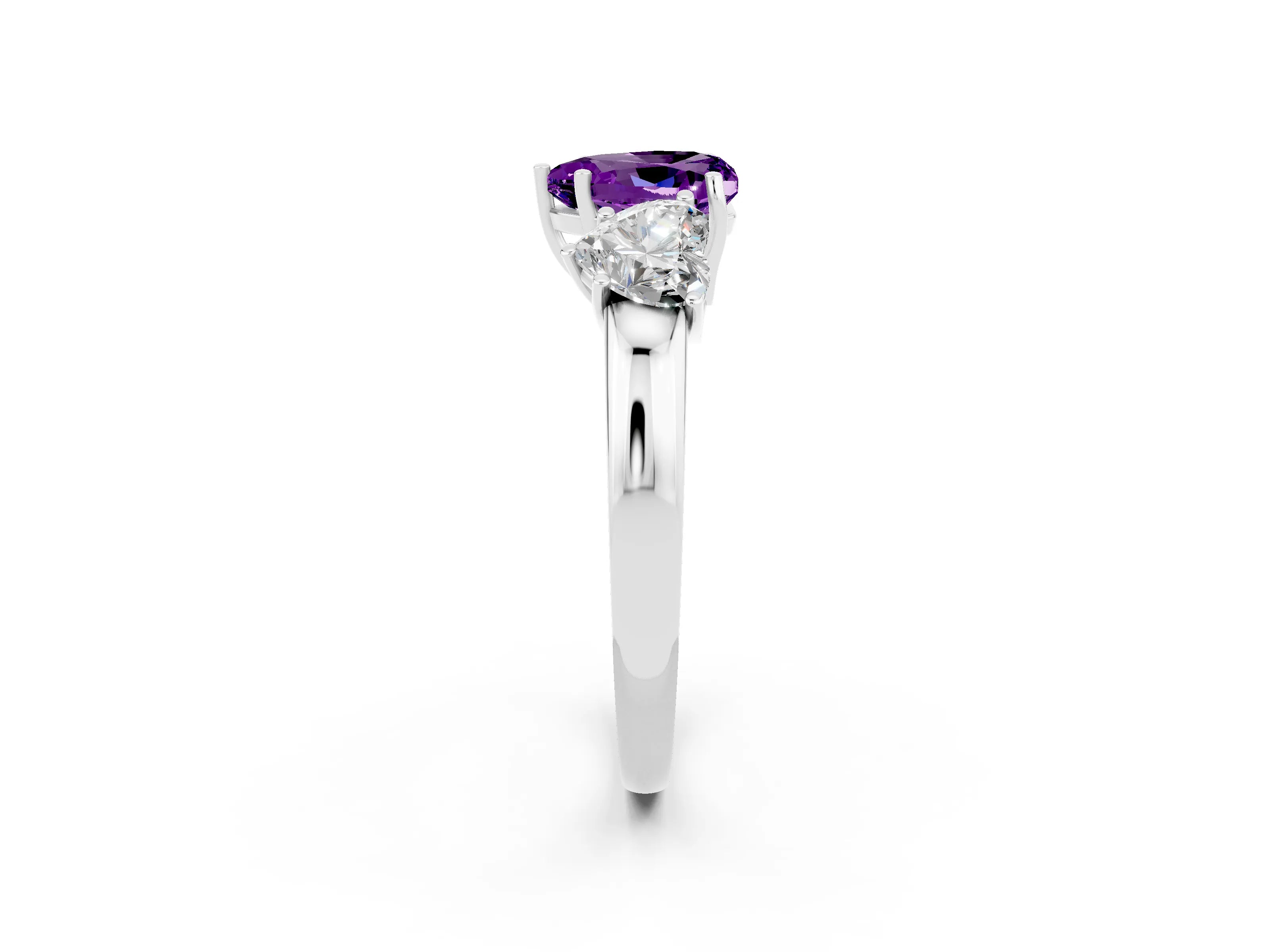 White gold Heart Cut Amethyst Three-Stone Ring with Four-Prong Setting and Classic Band_2