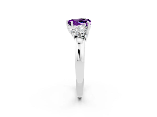 Silver Heart Cut Amethyst Three-Stone Ring with Four-Prong Setting and Classic Band