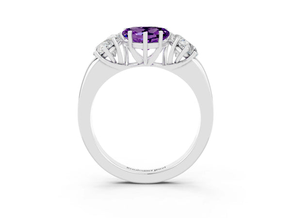 Platinum Heart Cut Amethyst Three-Stone Ring with Four-Prong Setting and Classic Band