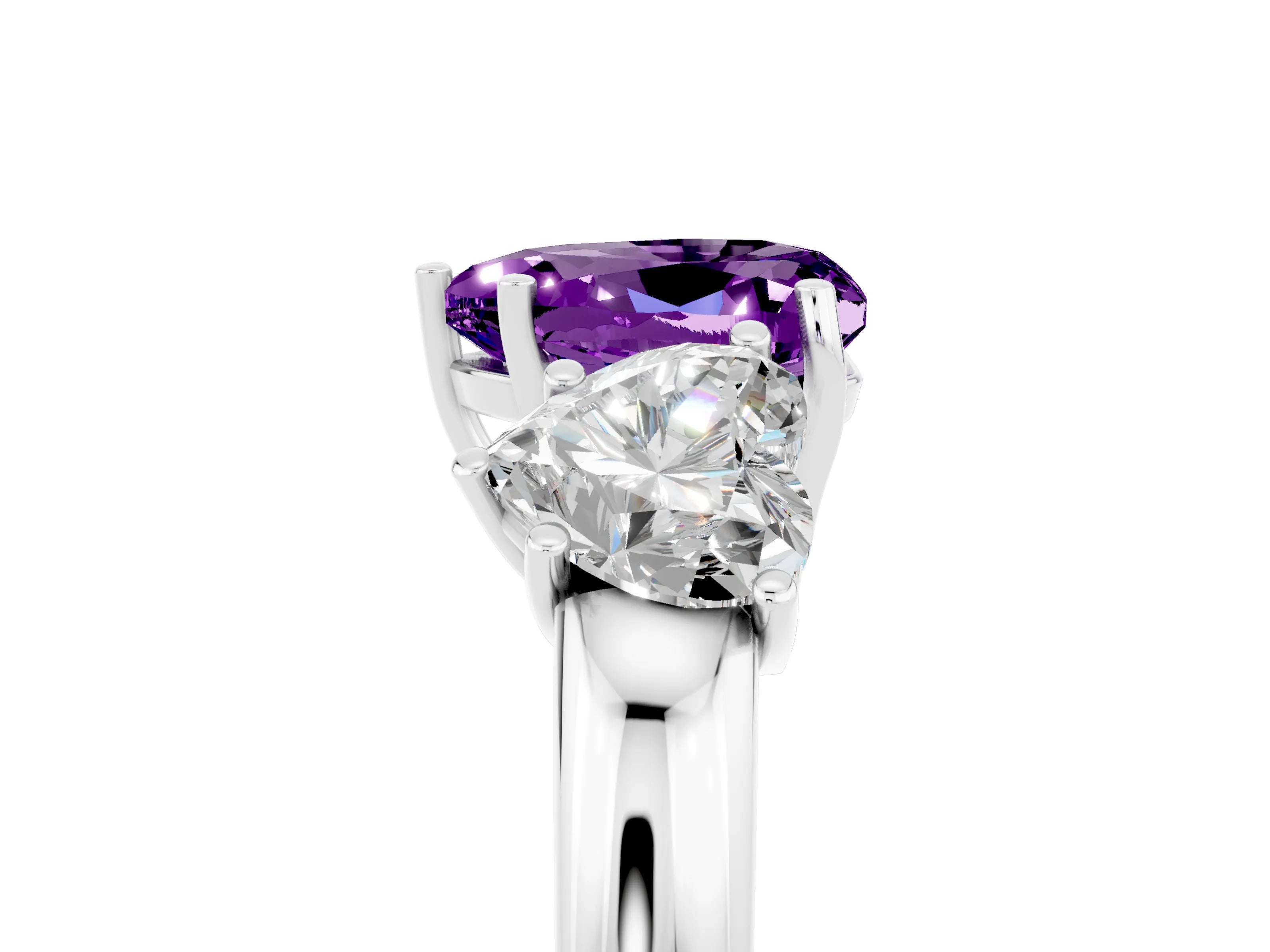 White gold Heart Cut Amethyst Three-Stone Ring with Four-Prong Setting and Classic Band_5
