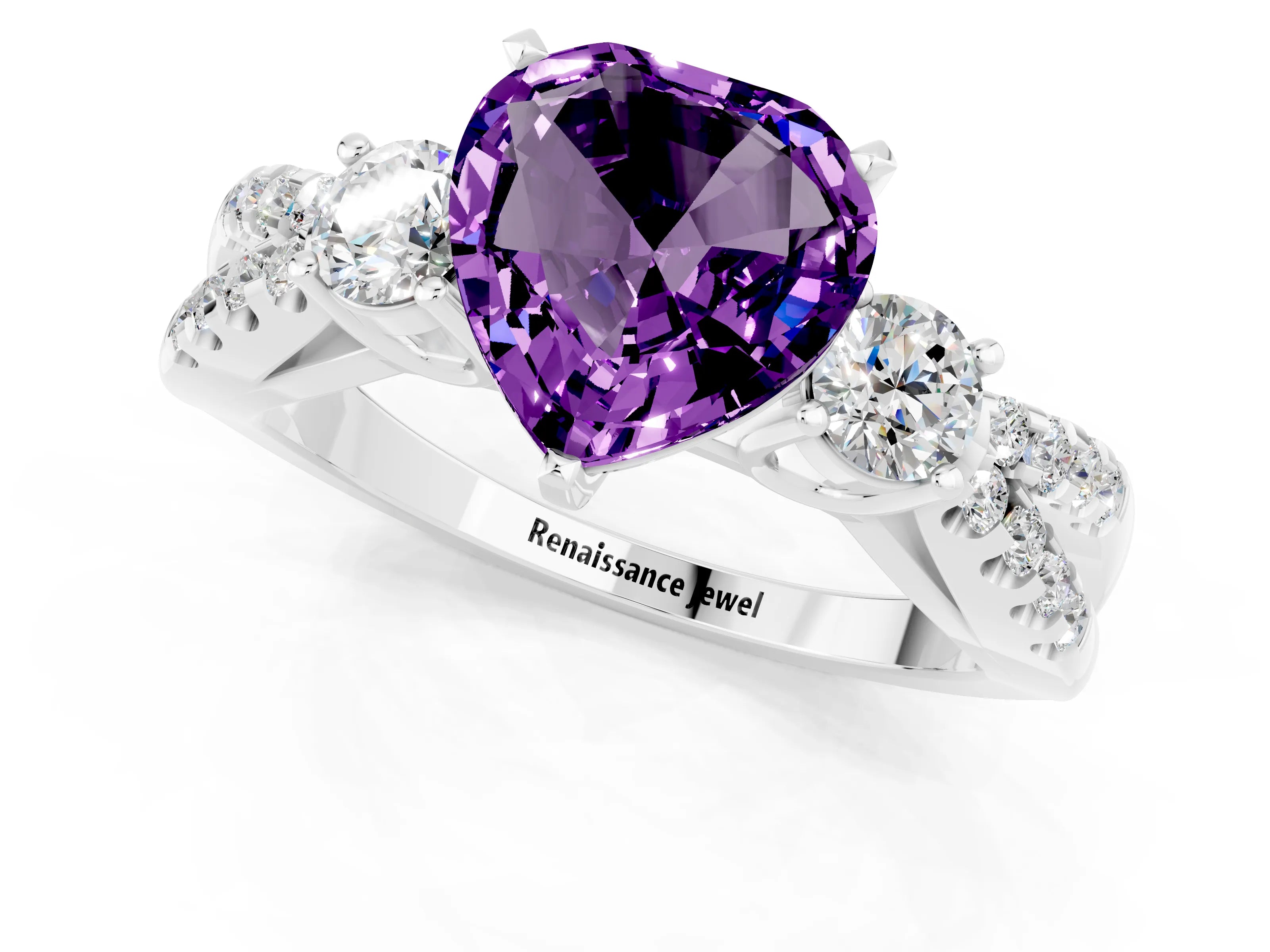 White gold Heart Cut Amethyst Three-Stone Ring with Pavé Split Shank and Four-Prong Setting_20