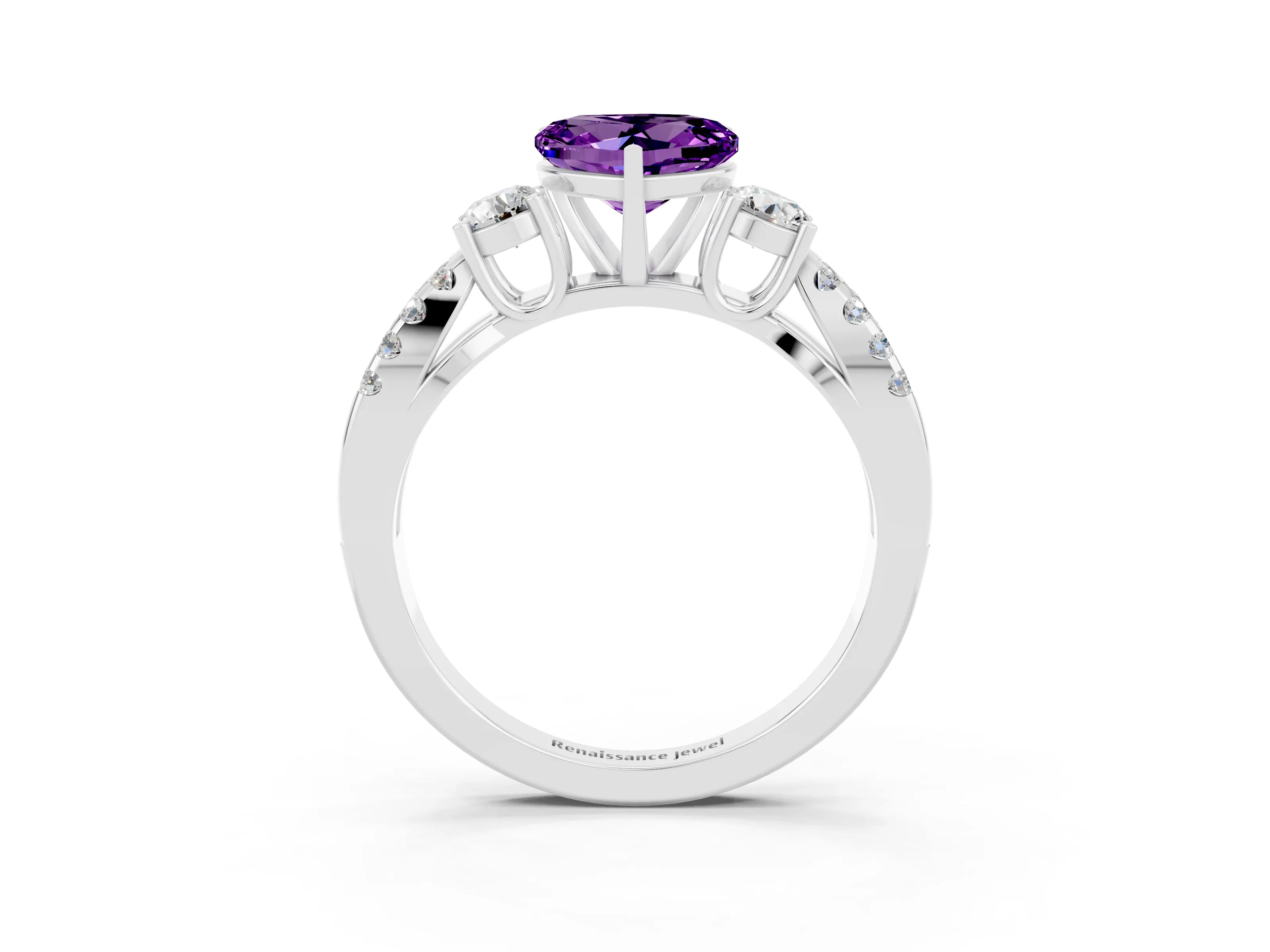 White gold Heart Cut Amethyst Three-Stone Ring with Pavé Split Shank and Four-Prong Setting_22
