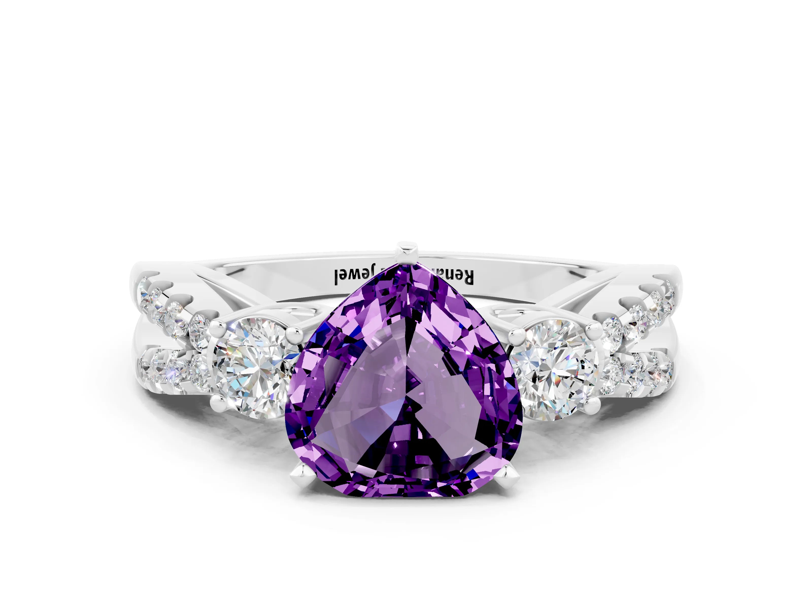 White gold Heart Cut Amethyst Three-Stone Ring with Pavé Split Shank and Four-Prong Setting_24
