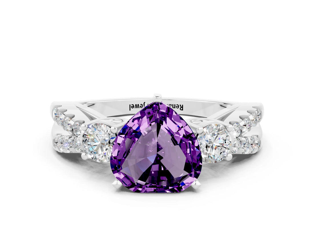 White gold Heart Cut Amethyst Three-Stone Ring with Pavé Split Shank and Four-Prong Setting_24
