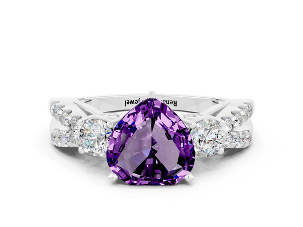 Platinum Heart Cut Amethyst Three-Stone Ring with Pavé Split Shank and Four-Prong Setting