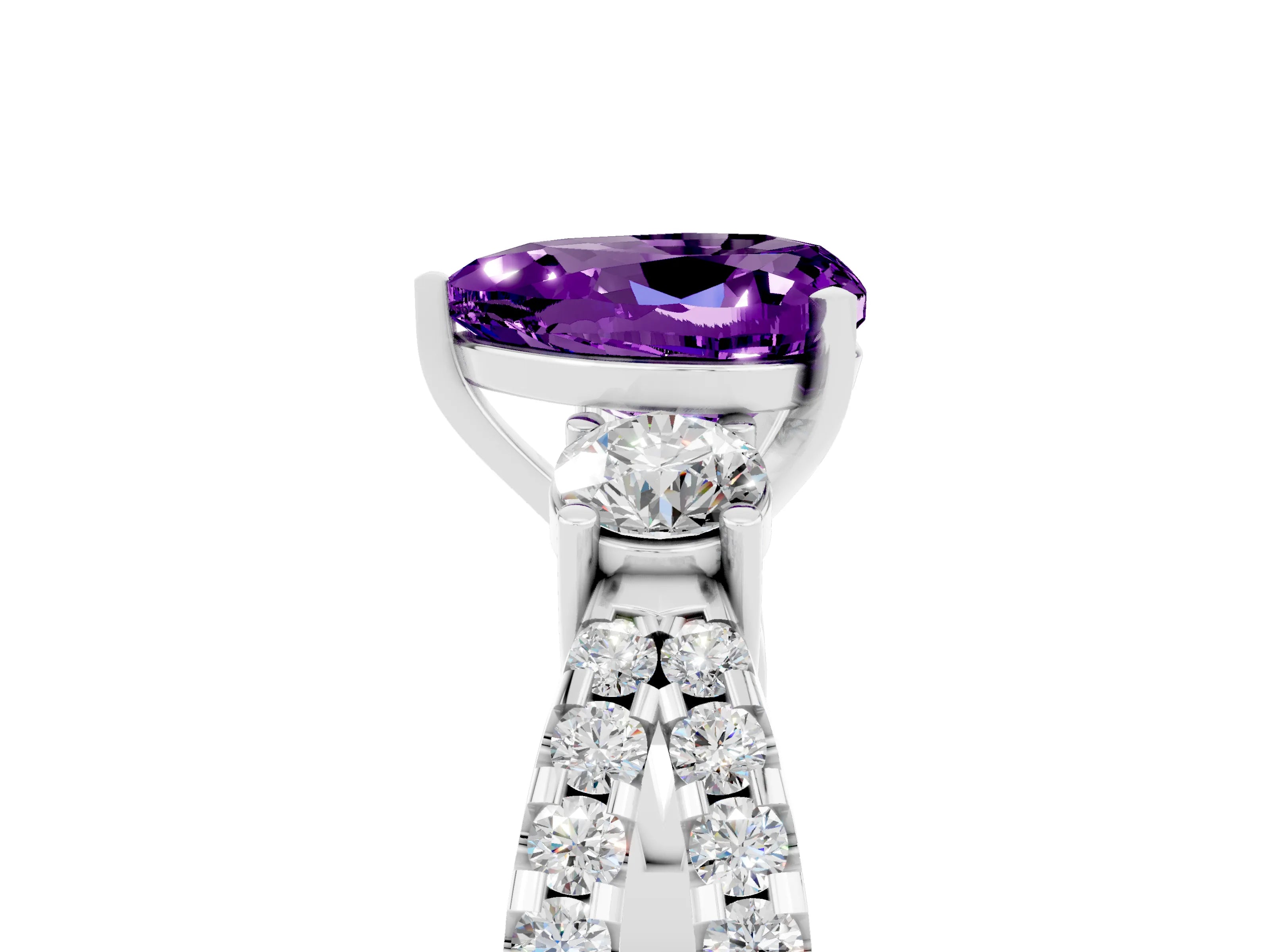 White gold Heart Cut Amethyst Three-Stone Ring with Pavé Split Shank and Four-Prong Setting_24