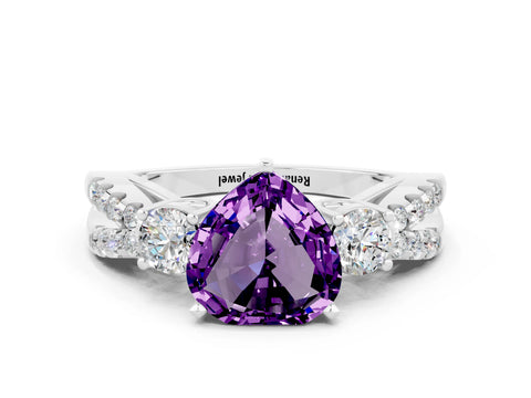 White gold Heart Cut Amethyst Three-Stone Ring with Pavé Split Shank and Four-Prong Setting_24