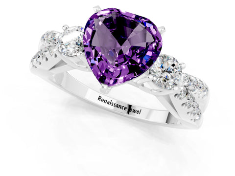 White gold Heart Cut Amethyst Three-Stone Ring with Pavé Split Shank and Four-Prong Setting_25