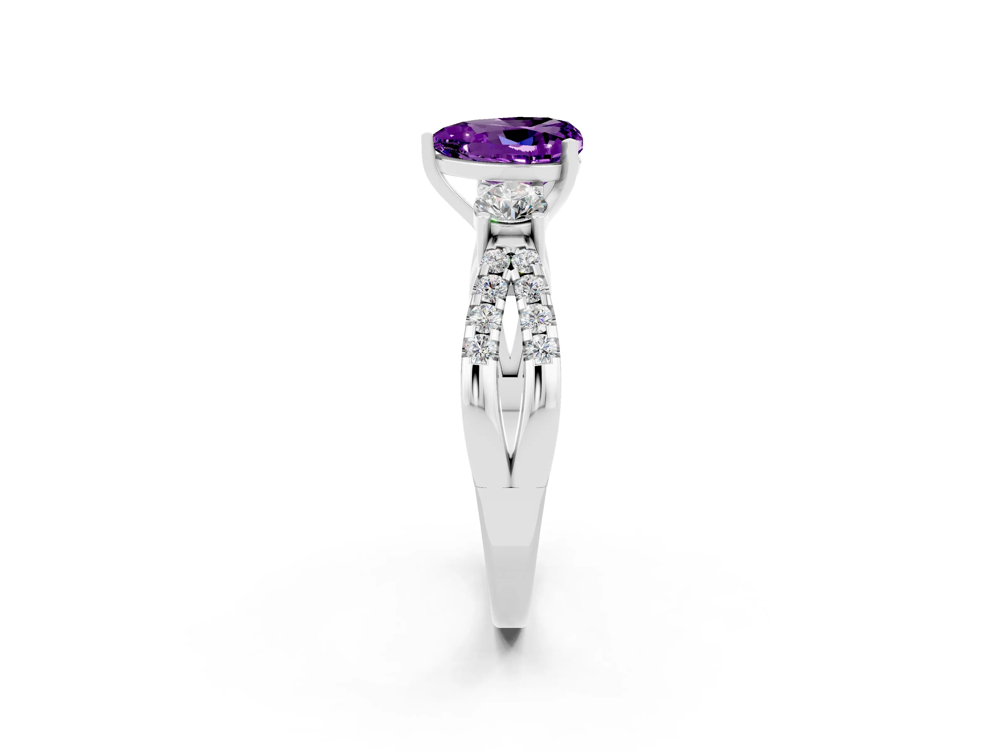 White gold Heart Cut Amethyst Three-Stone Ring with Pavé Split Shank and Four-Prong Setting_26