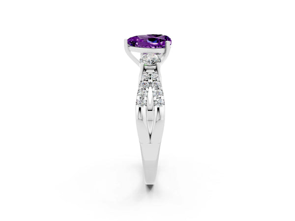 Silver Heart Cut Amethyst Three-Stone Ring with Pavé Split Shank and Four-Prong Setting