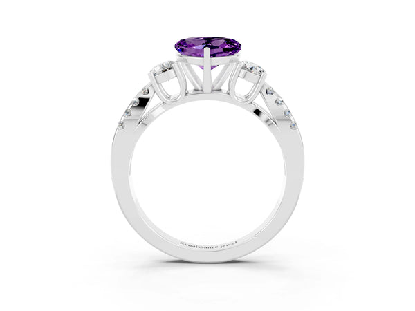 Silver Heart Cut Amethyst Three-Stone Ring with Pavé Split Shank and Four-Prong Setting