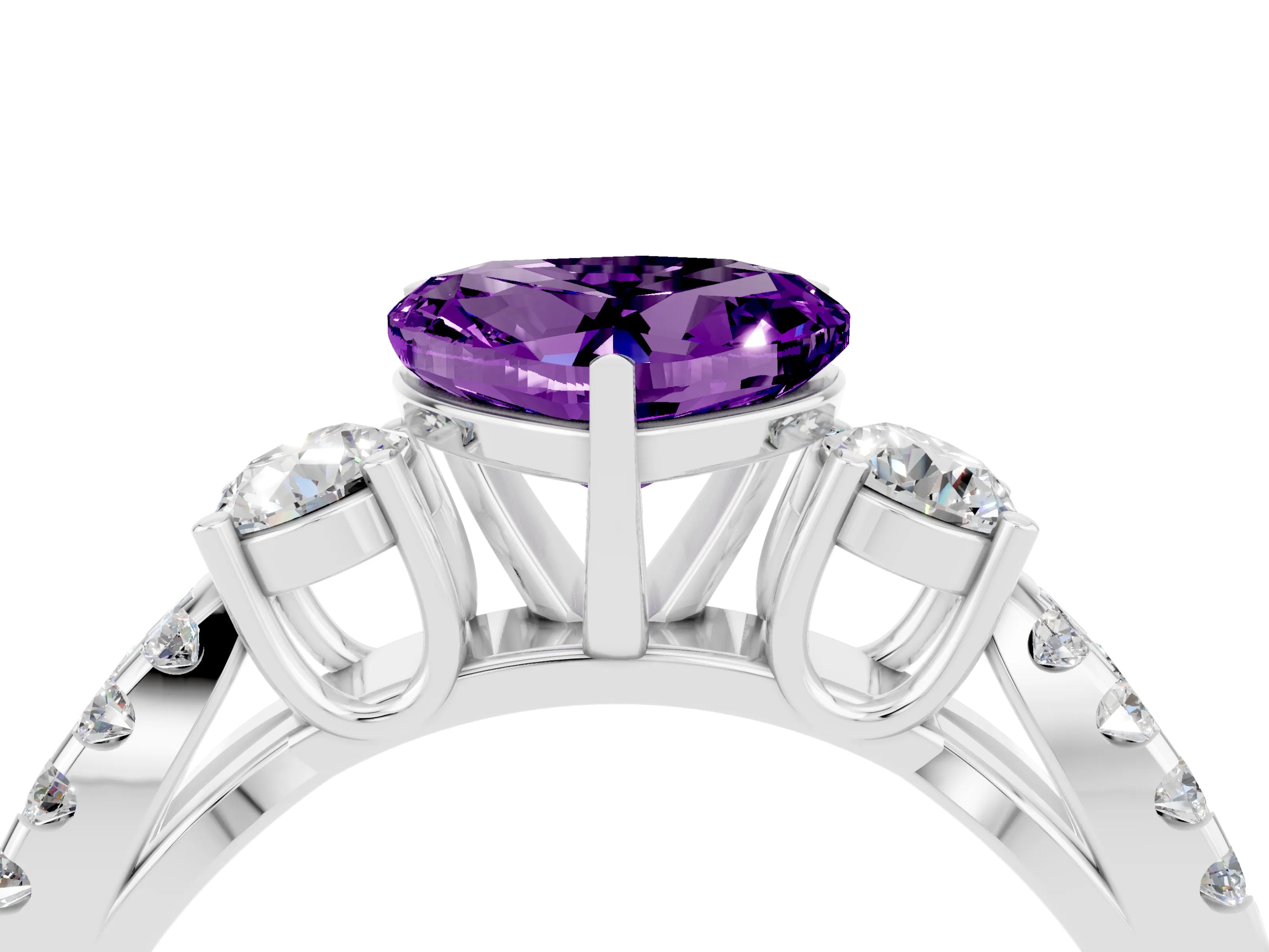 White gold Heart Cut Amethyst Three-Stone Ring with Pavé Split Shank and Four-Prong Setting_28