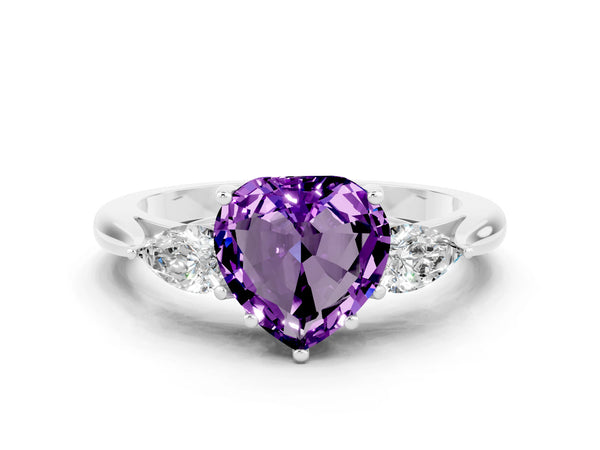 Platinum Heart Cut Amethyst Three-Stone Ring with Pear Side Stones and Prong Setting