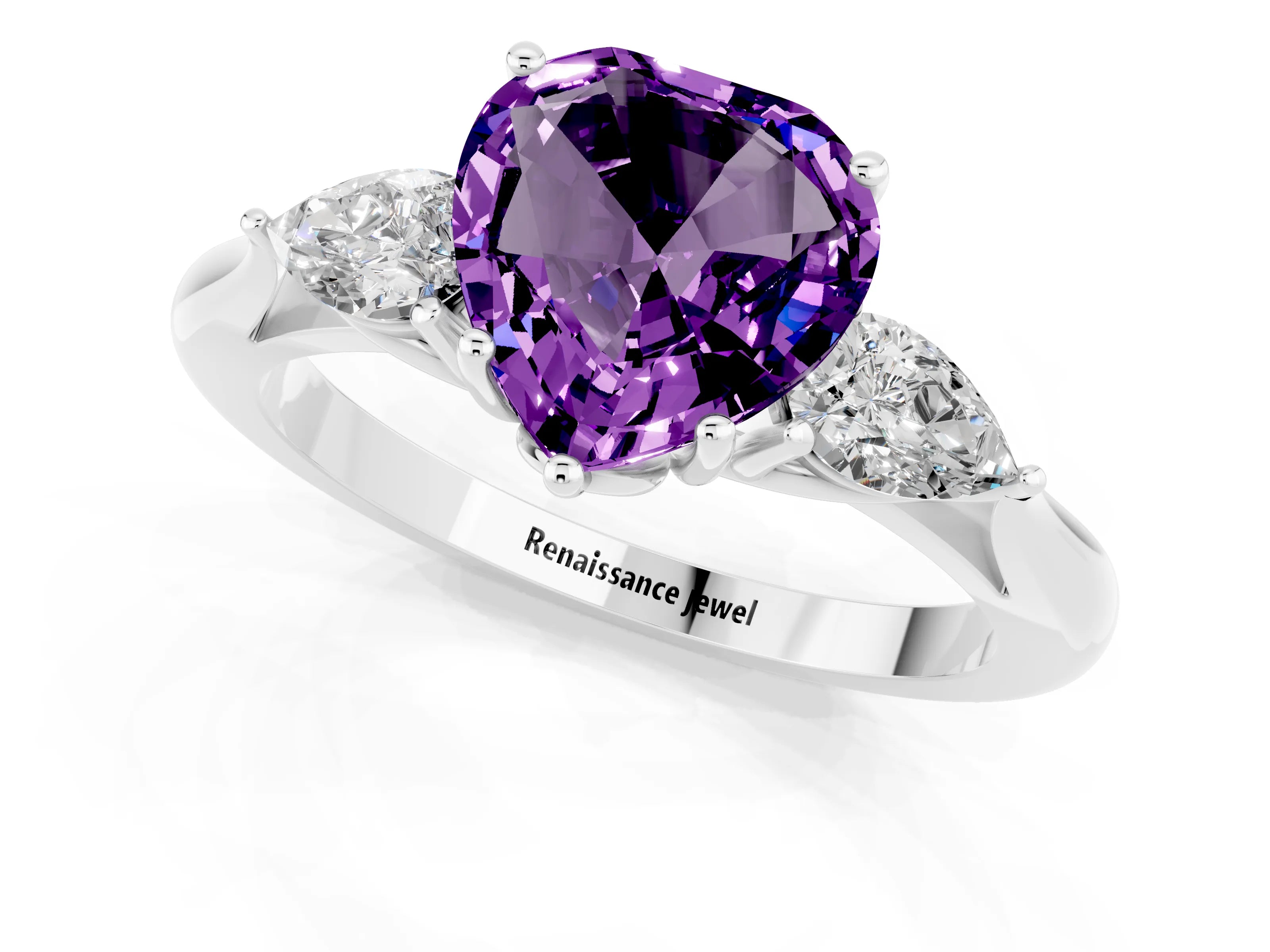 White gold Heart Cut Amethyst Three-Stone Ring with Pear Side Stones and Four-Prong Setting_13