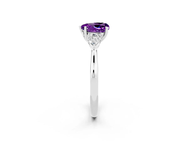 Silver Heart Cut Amethyst Three-Stone Ring with Pear Side Stones and Prong Setting