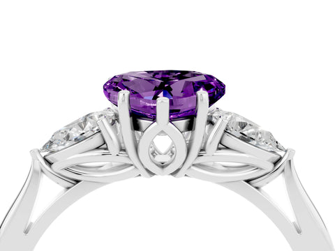 White gold Heart Cut Amethyst Three-Stone Ring with Pear Side Stones and Four-Prong Setting_16