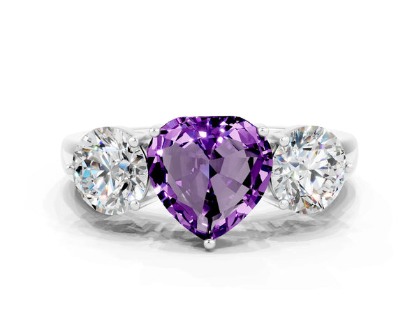 Platinum Heart Cut Amethyst Three-Stone Ring with Prong Setting and Classic Band
