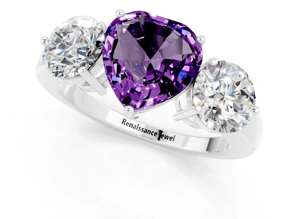 Platinum Heart Cut Amethyst Three-Stone Ring with Prong Setting and Classic Band