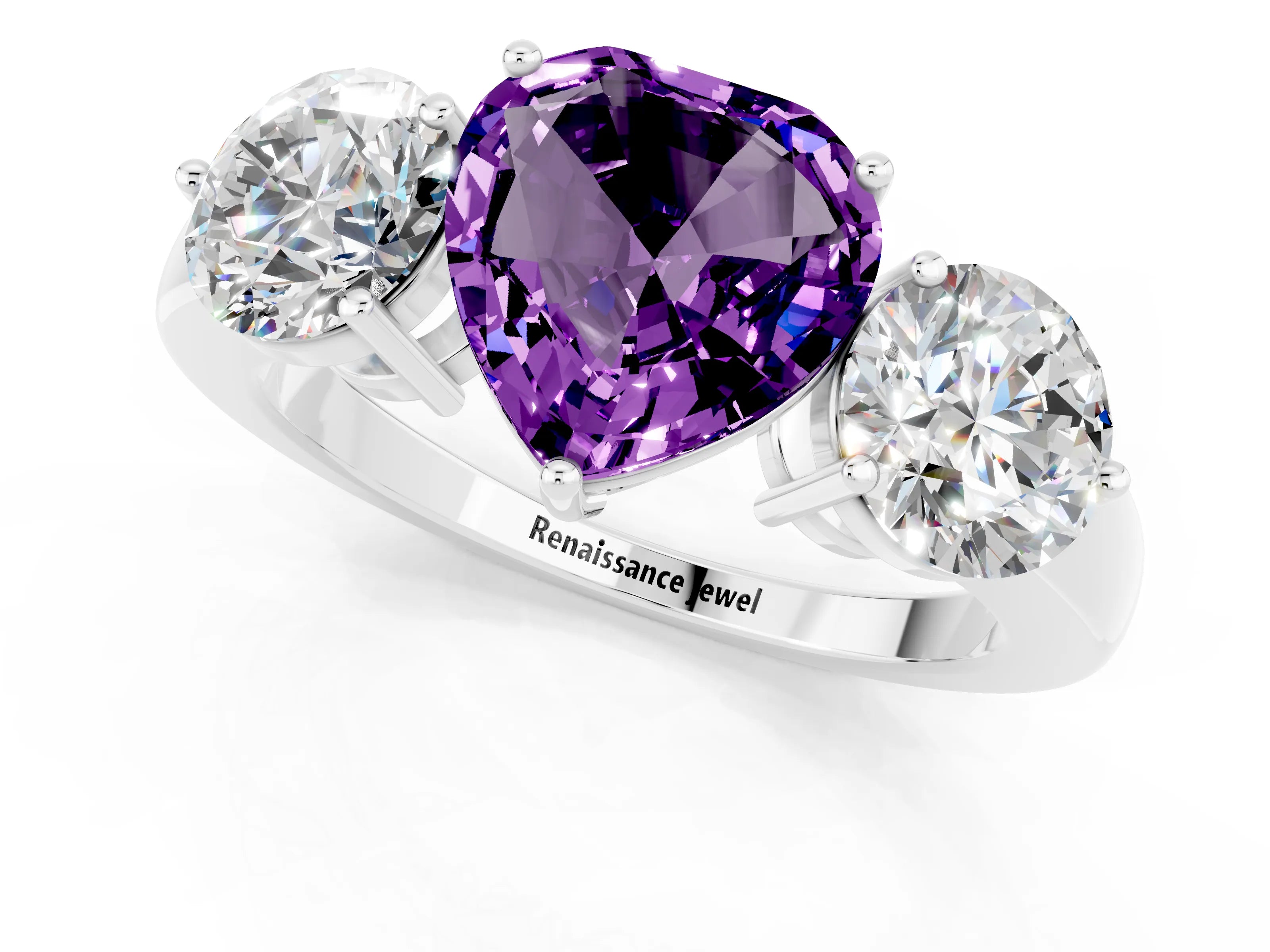 White gold Heart Cut Amethyst Three-Stone Ring with Prong Setting and Classic Band_1