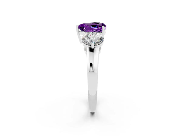 Platinum Heart Cut Amethyst Three-Stone Ring with Prong Setting and Classic Band