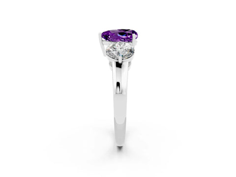 White gold Heart Cut Amethyst Three-Stone Ring with Prong Setting and Classic Band_2